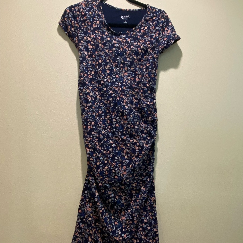 Super cute ruched side stretch dress, short sleeve, botanical print, size small